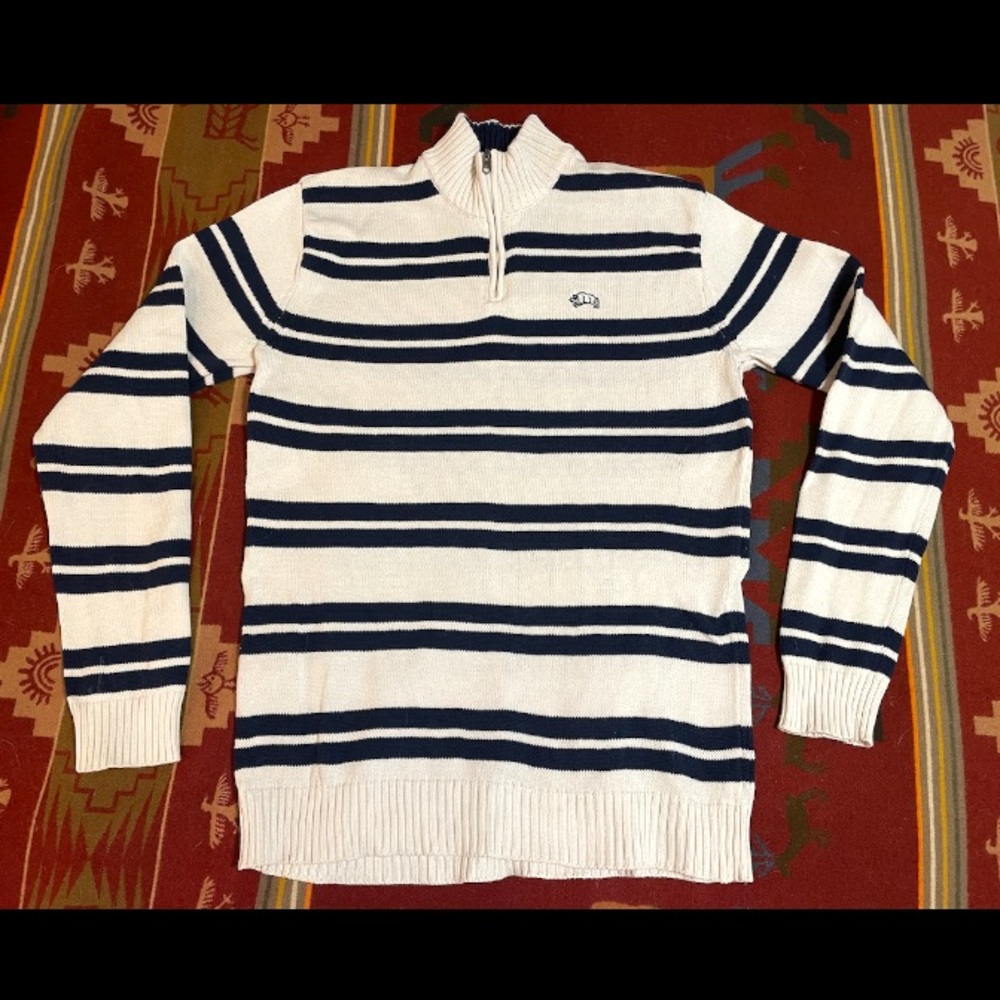 American Rag Men's Medium White Navy Blue Striped 1/4 Zip Pullover Sweater
